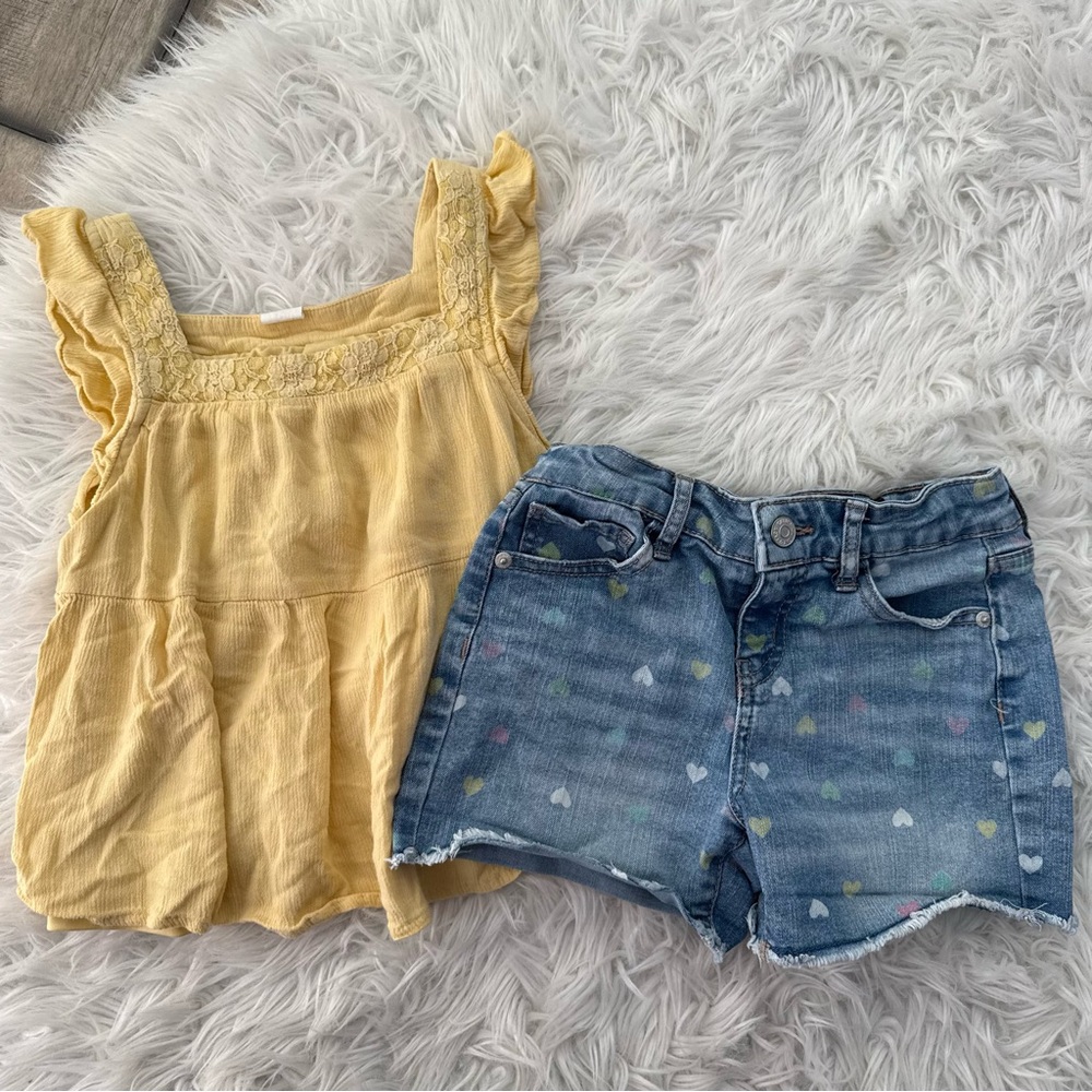 Cat & Jack Size 8 Blue Denim Heart Shorts and Flowy Yellow Tank Summer Outfit